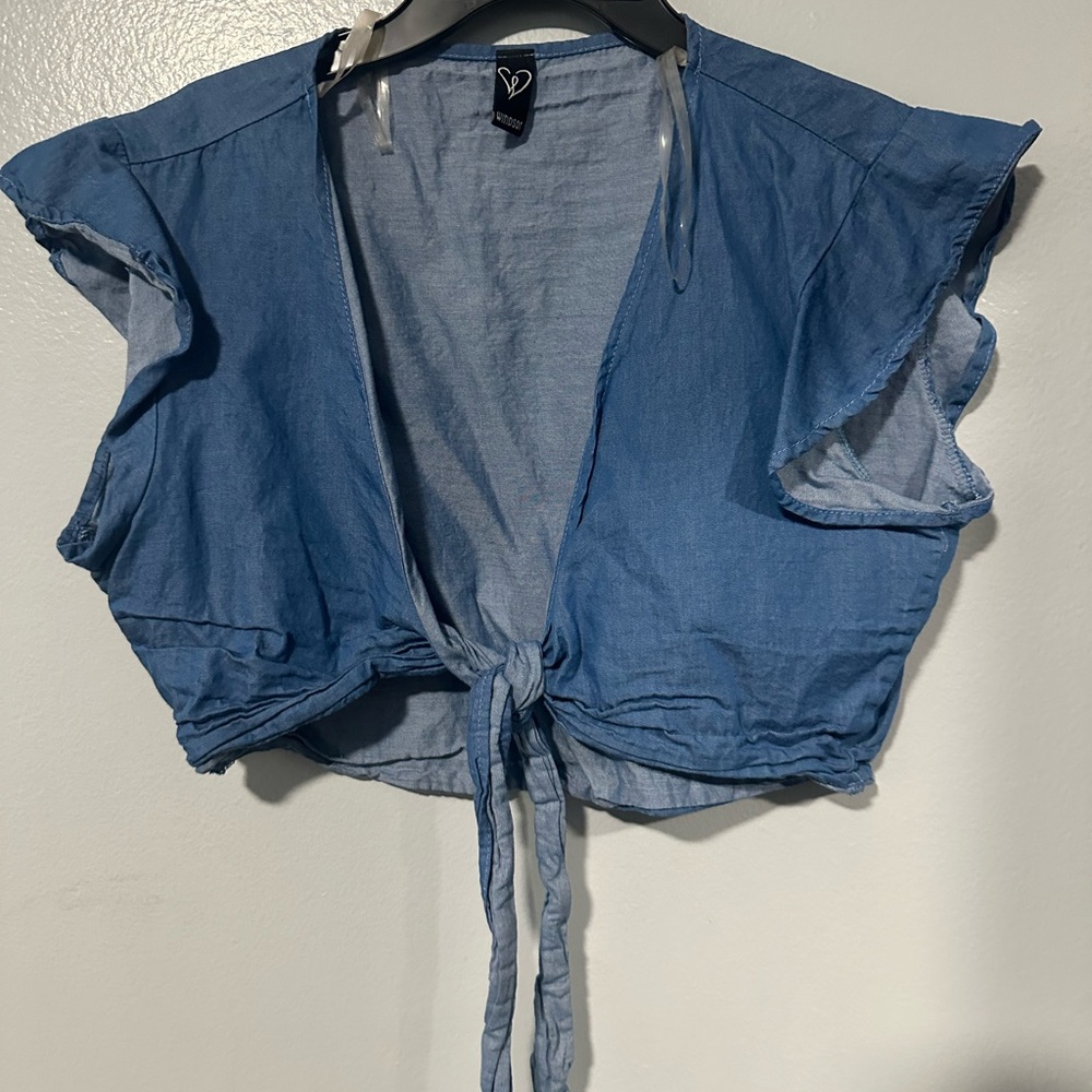 Windsor Blue Flutter Sleeve Crop Blouse